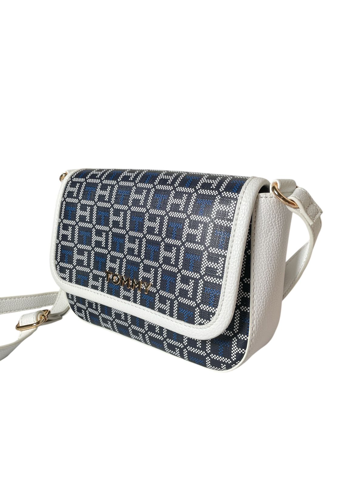 BOLSA CROSSBODY TOMMY HILFIGER BLANCA CON MONOGRAMA AZUL