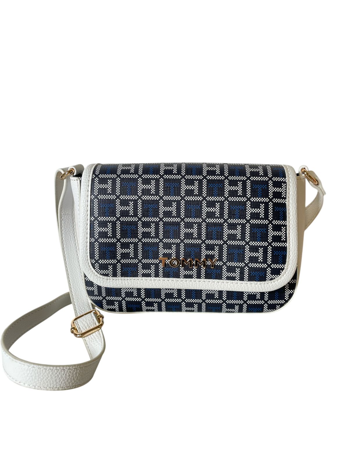 BOLSA CROSSBODY TOMMY HILFIGER BLANCA CON MONOGRAMA AZUL