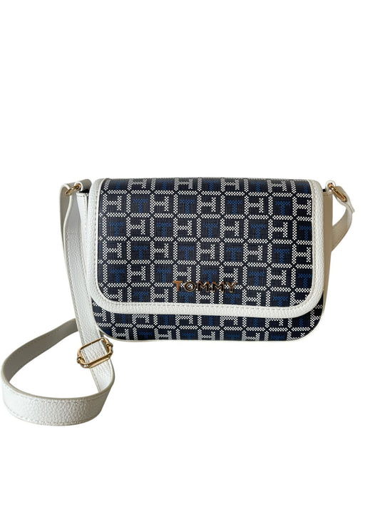 BOLSA CROSSBODY TOMMY HILFIGER BLANCA CON MONOGRAMA AZUL
