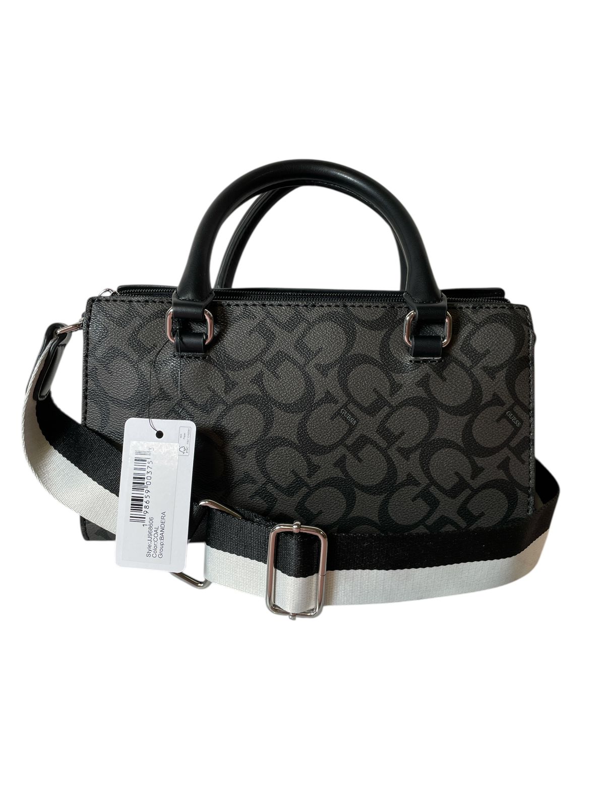BOLSA GUESS DAMA GRIS CON DETALLES NEGROS Y CADENA